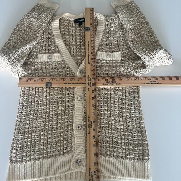 Express Wmns Cream Gold Cardigan Rhinestone Buttons Sz M Preppy Town Country - Picture 3 of 7